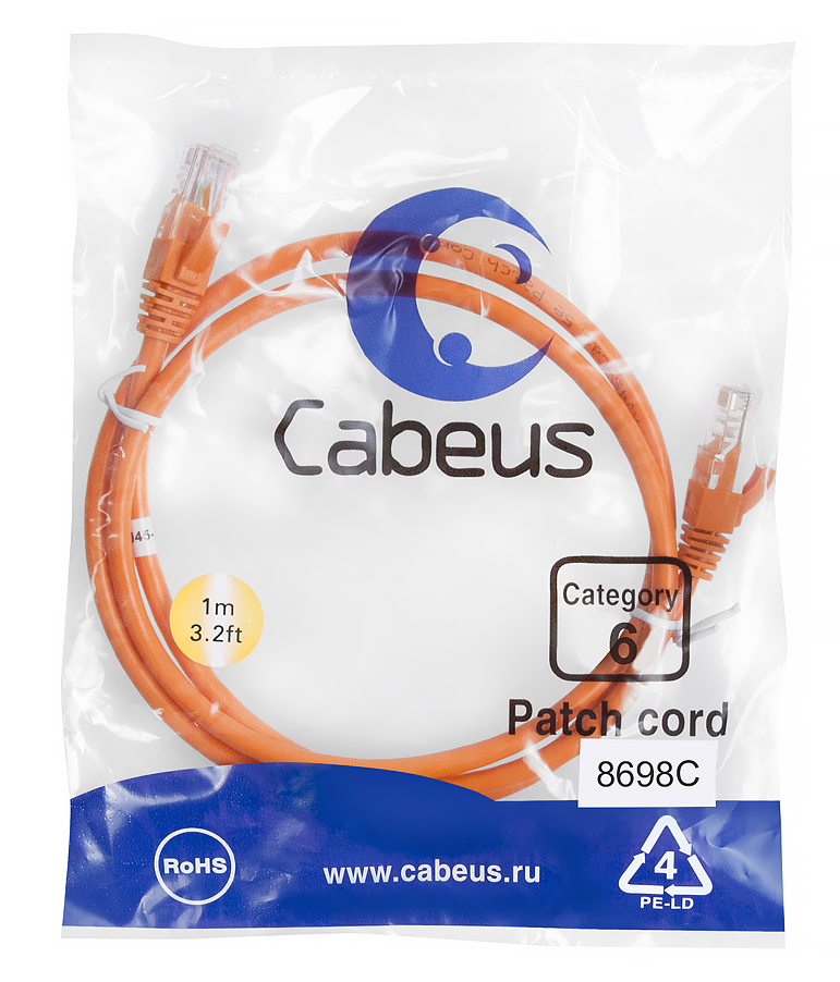 Патч-корд RJ45 UTP 6 Cabeus PC-UTP-RJ45-Cat.6-1m-OR PVC оранжевый 1 метр — фото