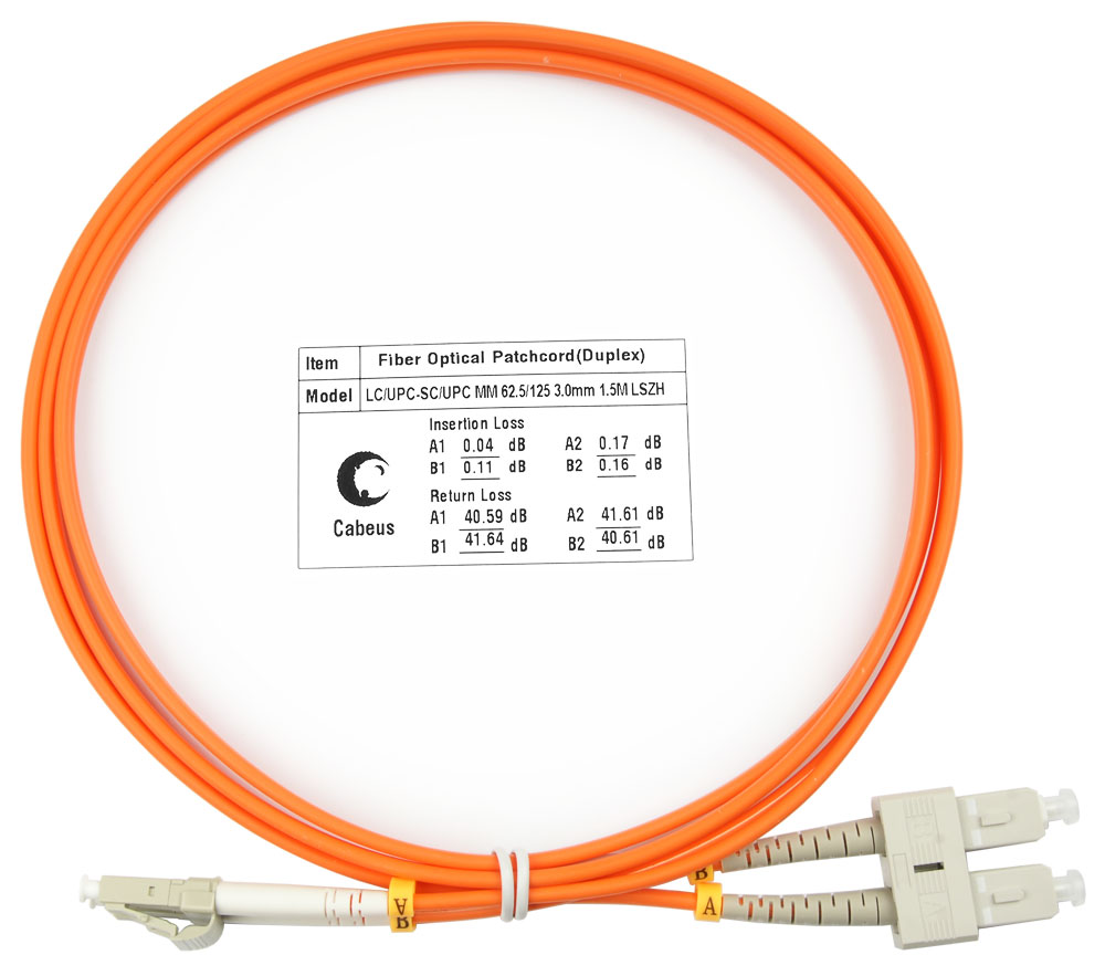 Оптический патч-корд duplex LC-SC 62,5/125 MM Cabeus FOP-62-LC-SC-1,5m 1.5 метра оранжевый LSZH