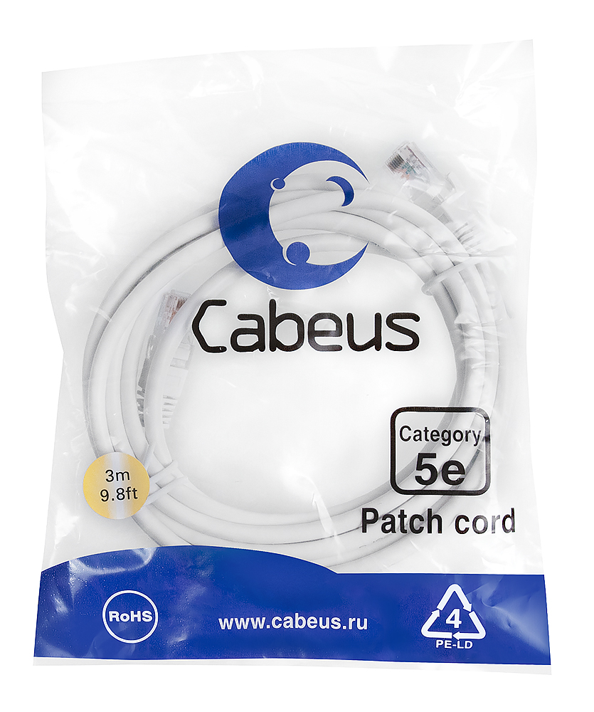 Патч-корд RJ45 UTP 5e Cabeus PC-UTP-RJ45-Cat.5e-3m-WH-LSZH LSZH белый 3 метра