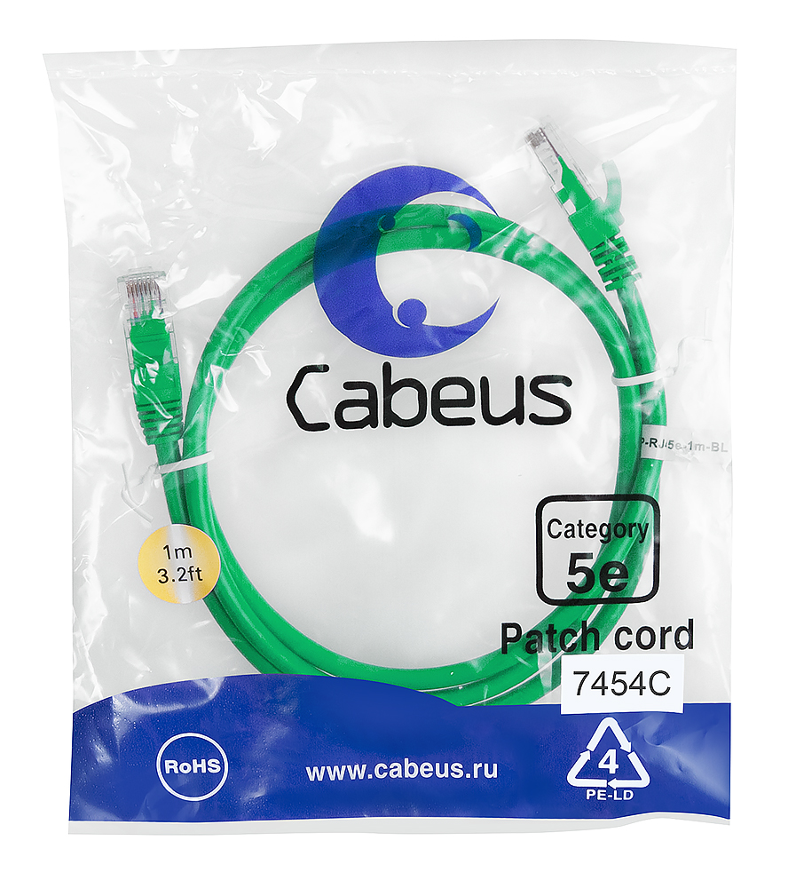 Патч-корд RJ45 UTP 5e Cabeus PC-UTP-RJ45-Cat.5e-1m-GN PVC зеленый 1 метр