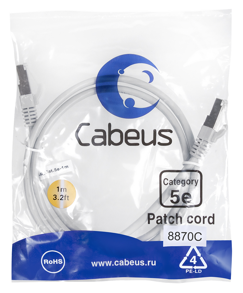 Патч-корд RJ45 F/UTP 5e Cabeus PC-FTP-RJ45-Cat.5e-1m-LSZH LSZH серый 1 метр