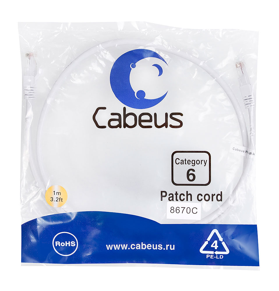 Патч-корд RJ45 UTP 6 Cabeus PC-UTP-RJ45-Cat.6-1m-WH PVC белый 1 метр — фото
