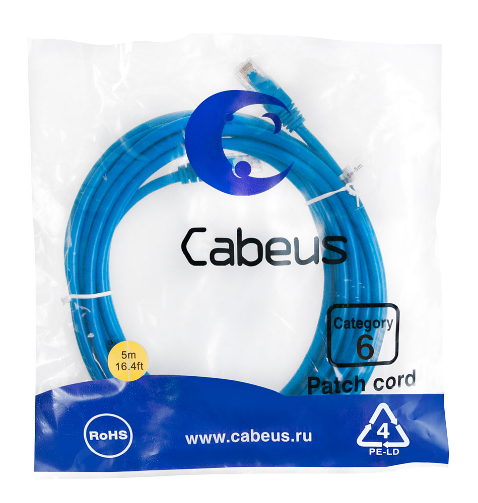 Патч-корд RJ45 UTP 6 Cabeus PC-UTP-RJ45-Cat.6-5m-BL PVC синий 5 метров — фото