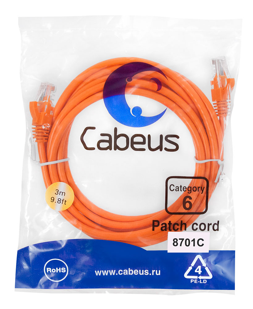 Патч-корд RJ45 UTP 6 Cabeus PC-UTP-RJ45-Cat.6-3m-OR PVC оранжевый 3 метра