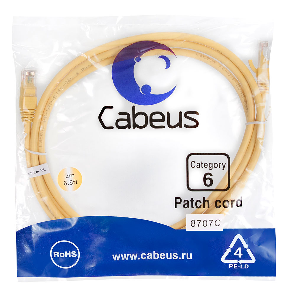 Патч-корд RJ45 UTP 6 Cabeus PC-UTP-RJ45-Cat.6-2m-YL PVC желтый 2 метра — фото