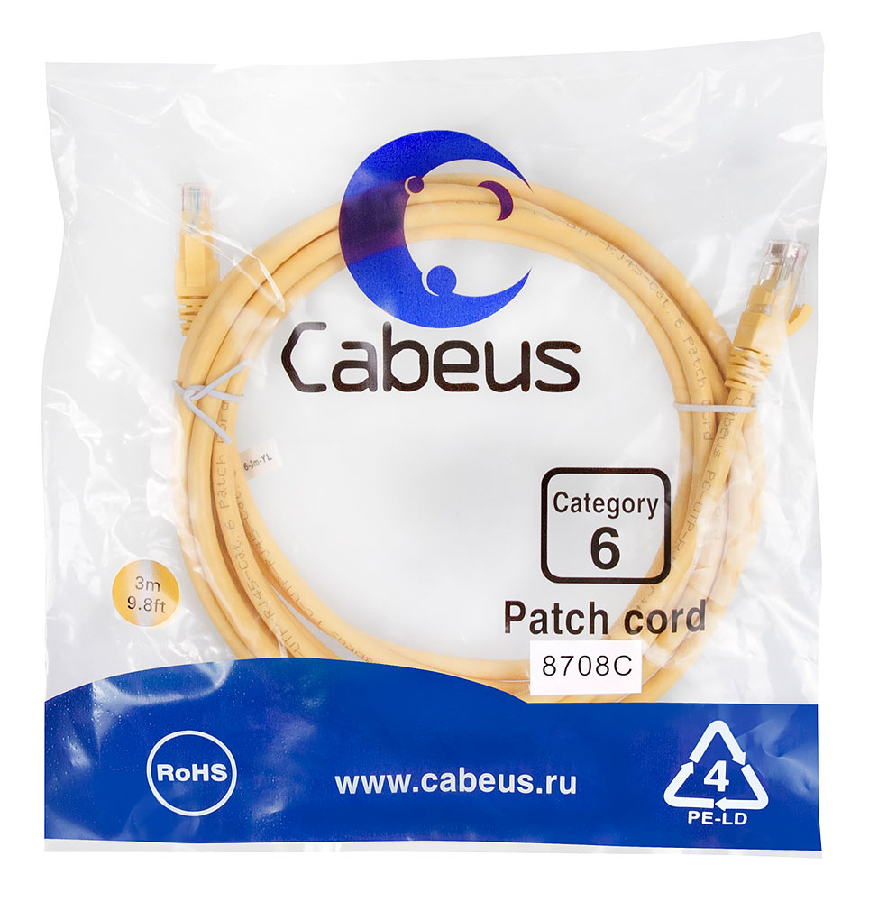 Патч-корд RJ45 UTP 6 Cabeus PC-UTP-RJ45-Cat.6-3m-YL PVC желтый 3 метра