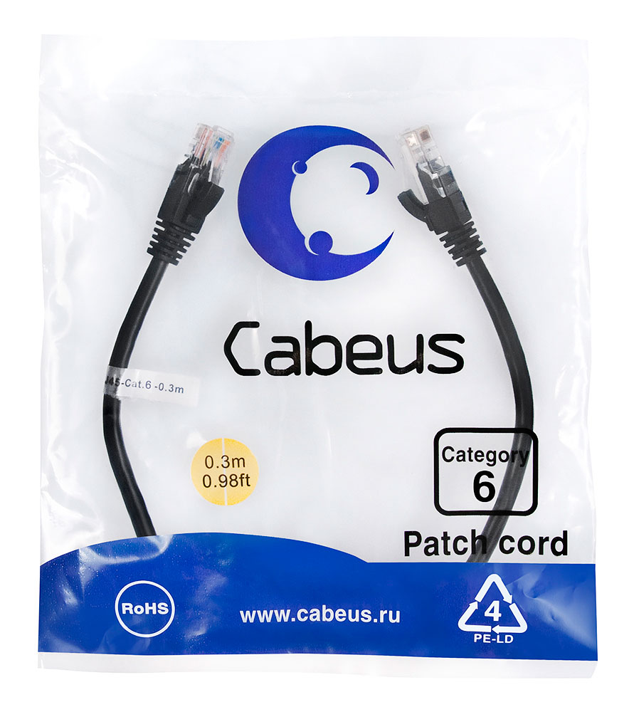 Патч-корд RJ45 UTP 6 Cabeus PC-UTP-RJ45-Cat.6-0.3m-BK PVC черный 0.3 метра