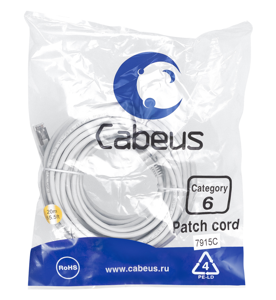 Патч-корд RJ45 F/UTP 6 Cabeus PC-FTP-RJ45-Cat.6-20m-LSZH LSZH серый 20 метров — фото