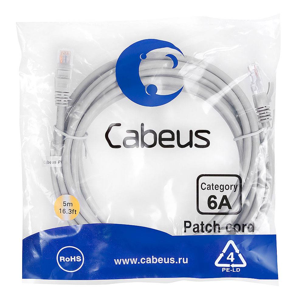 Патч-корд RJ45 UTP 6a Cabeus PC-UTP-RJ45-Cat.6a-5m-LSZH LSZH серый 5 метров