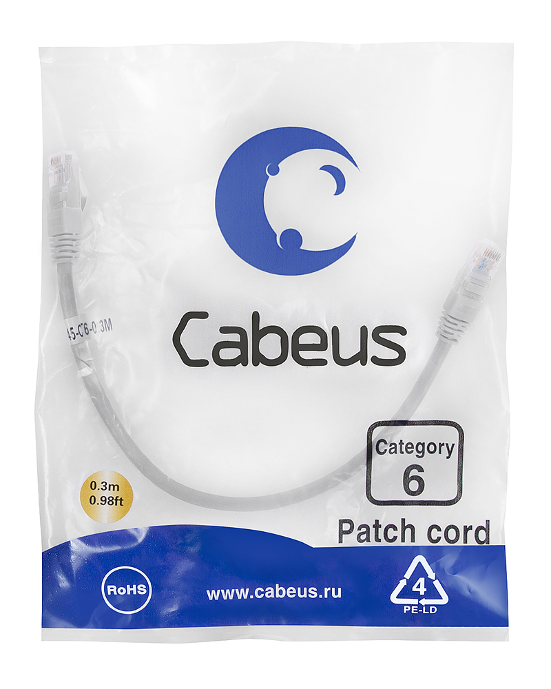 Патч-корд RJ45 UTP 6 Cabeus PC-UTP-RJ45-Cat.6-0.3m PVC серый 0.3 метра — фото