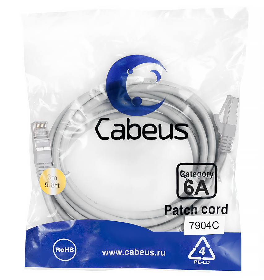 Патч-корд RJ45 S/FTP 6a Cabeus PC-SSTP-RJ45-Cat.6a-3m-LSZH LSZH серый 3 метра