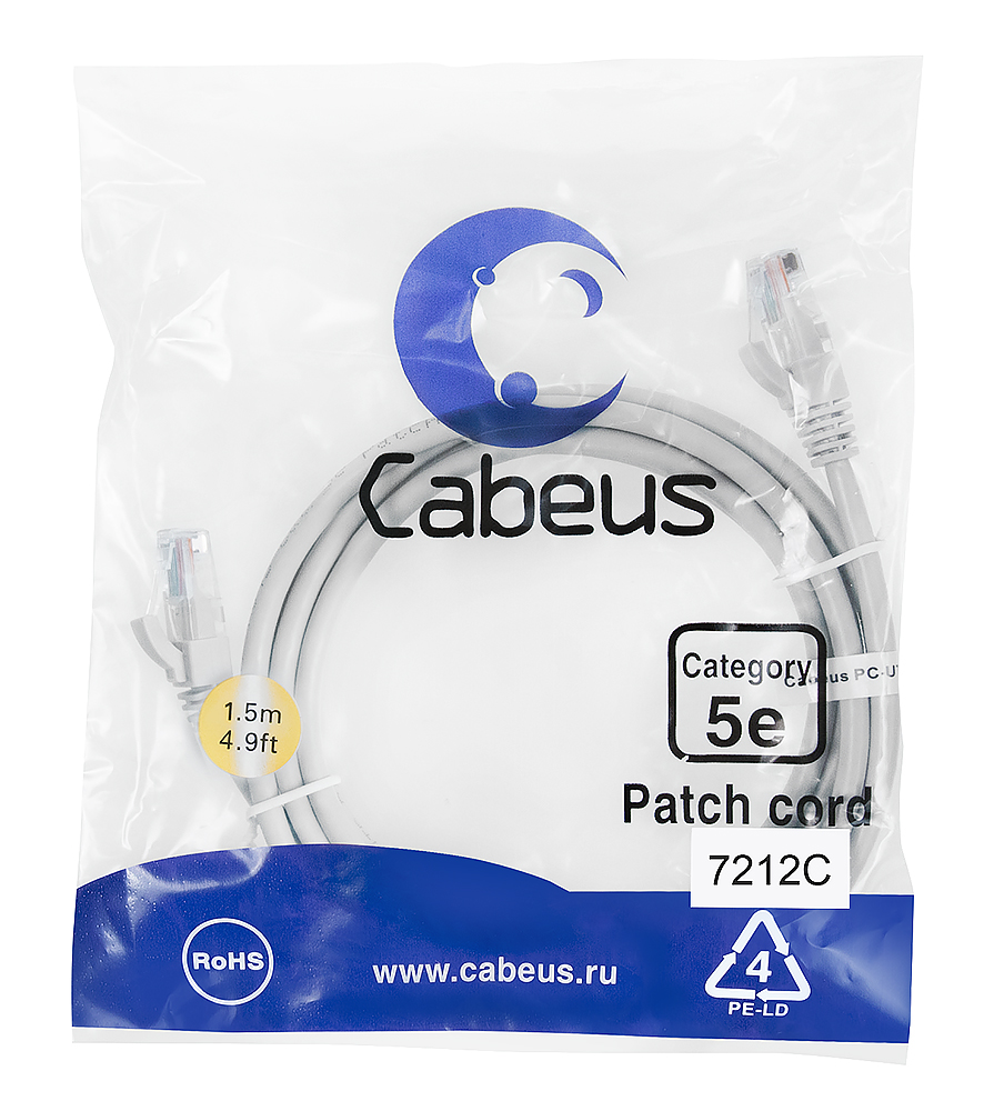 Патч-корд RJ45 UTP 5e Cabeus PC-UTP-RJ45-Cat.5e-1.5m PVC серый 1.5 метра — фото