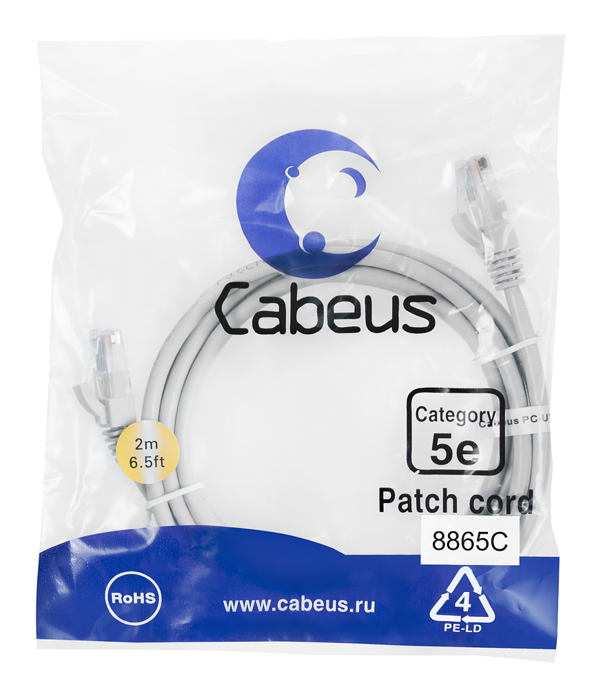 Патч-корд RJ45 UTP 5e Cabeus PC-UTP-RJ45-Cat.5e-2m-LSZH LSZH серый 2 метра