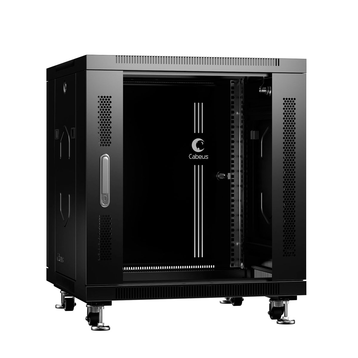 Cabeus SH-05C-12U60/80-BK Шкаф монтажный телекоммуникационный 19" напольный для распределительного и серверного оборудования 12U 600x800x730mm (ШхГхВ) передняя стеклянная и задняя сплошная металлическая двери, ручка с замком, цвет черный (RAL 9004) — фото