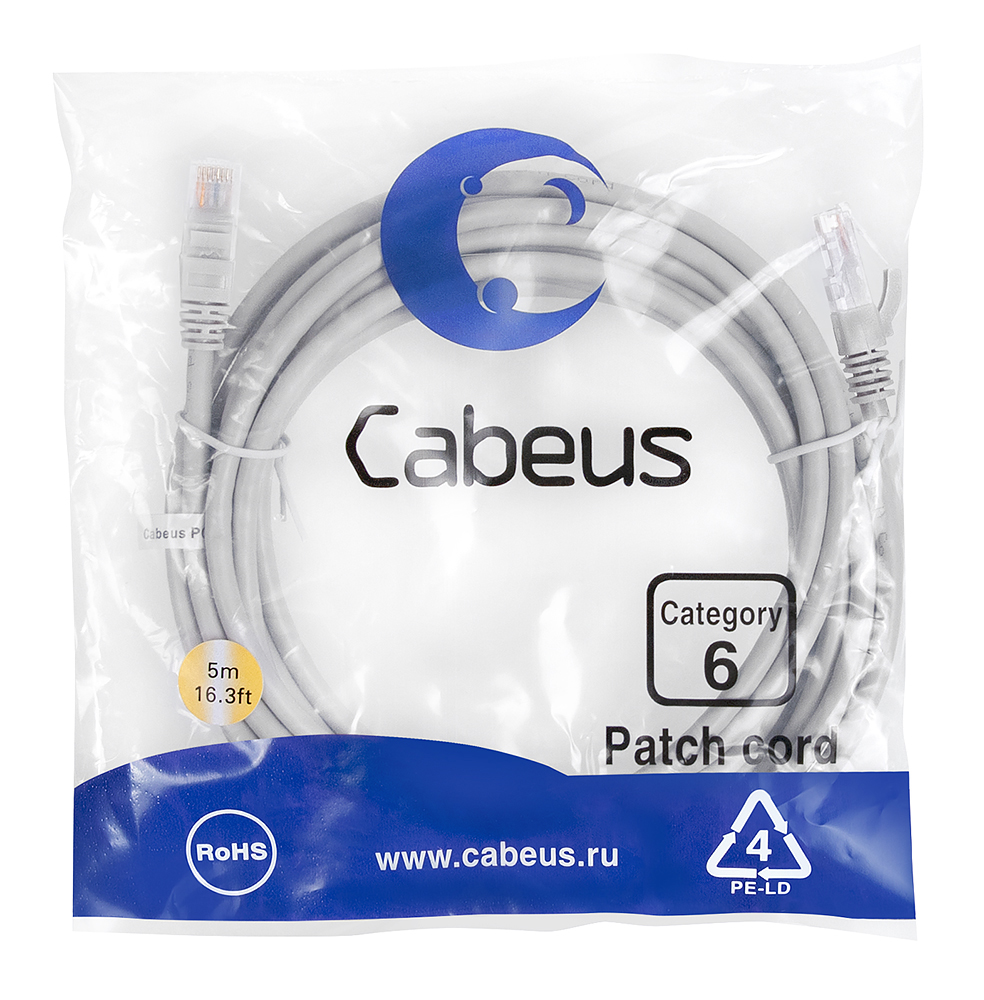 Патч-корд RJ45 UTP 6 Cabeus PC-UTP-RJ45-Cat.6-5m PVC серый 5 метров