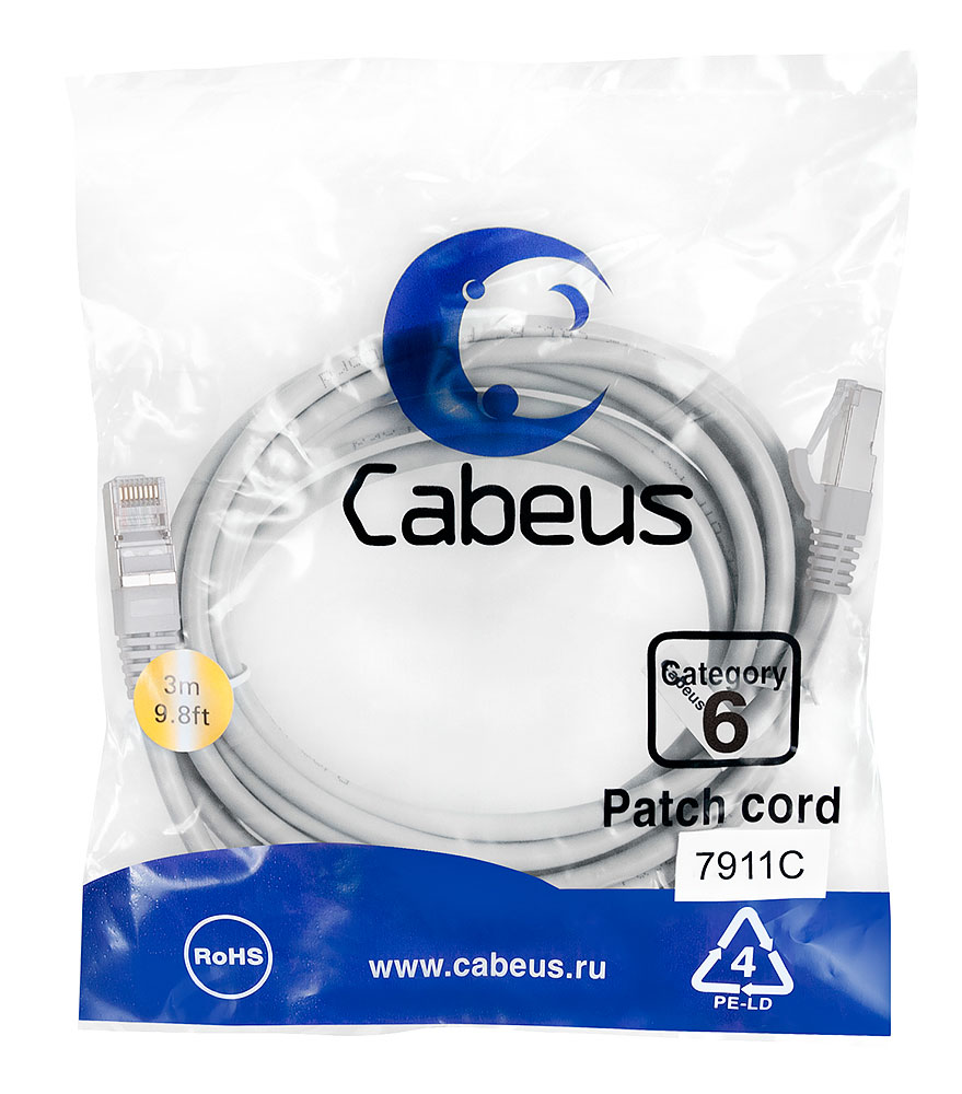 Патч-корд RJ45 F/UTP 6 Cabeus PC-FTP-RJ45-Cat.6-3m-LSZH LSZH серый 3 метра