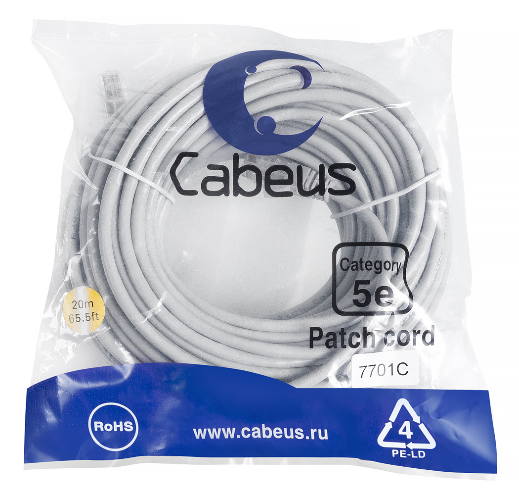 Патч-корд RJ45 UTP 5e Cabeus PC-UTP-RJ45-Cat.5e-20m PVC серый 20 метров — фото