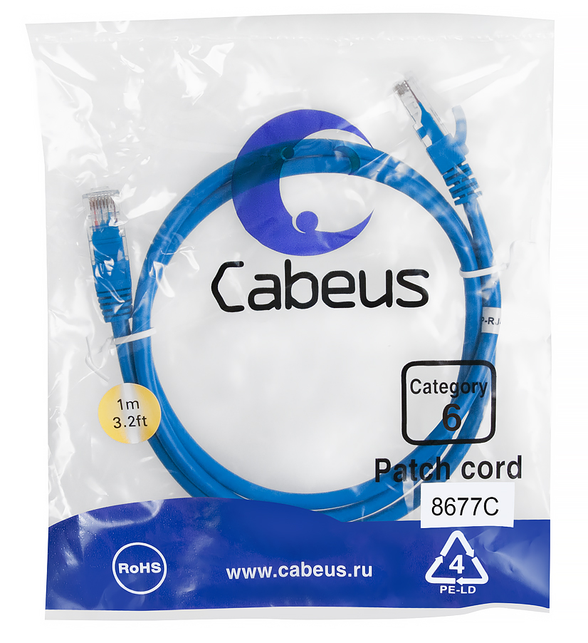 Патч-корд RJ45 UTP 6 Cabeus PC-UTP-RJ45-Cat.6-1m-BL PVC синий 1 метр