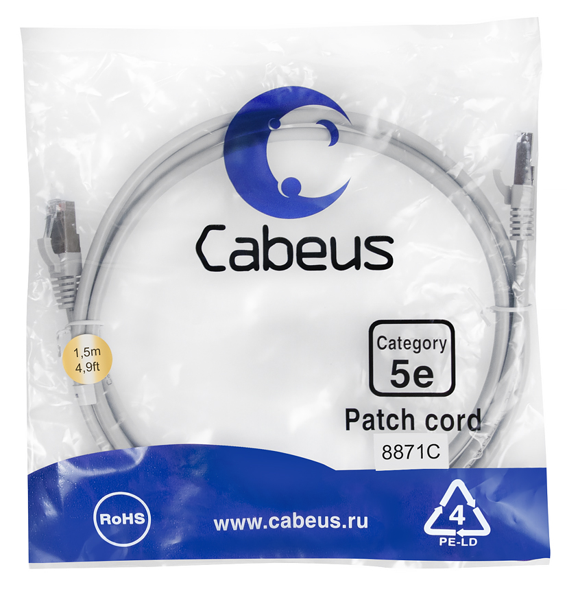 Патч-корд RJ45 F/UTP 5e Cabeus PC-FTP-RJ45-Cat.5e-1.5m-LSZH LSZH серый 1.5 метра
