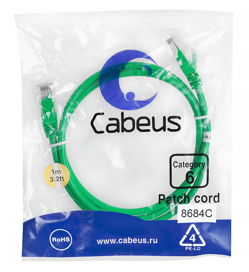 Патч-корд RJ45 UTP 6 Cabeus PC-UTP-RJ45-Cat.6-1m-GN PVC зеленый 1 метр