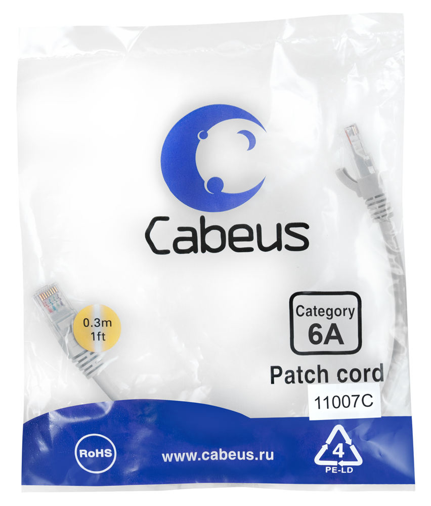 Патч-корд RJ45 S/FTP 6a Cabeus PC-SSTP-RJ45-Cat.6a-0.3m-LSZH LSZH серый 0.3 метра