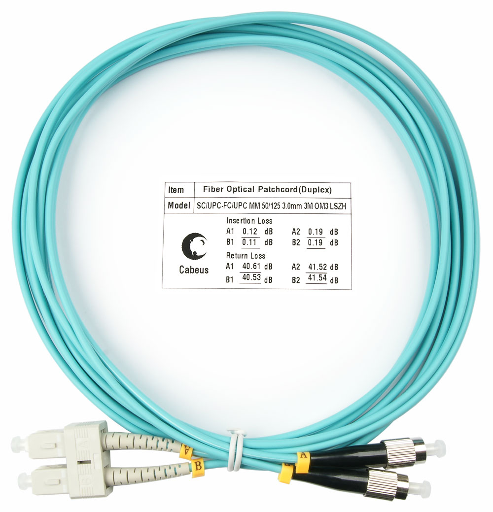 Оптический патч-корд duplex FC-SC 50/125 MM Cabeus FOP-50-SC-FC-3m 3 метра бирюзовый LSZH