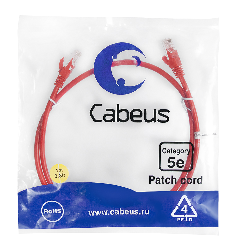 Патч-корд RJ45 UTP 5e Cabeus PC-UTP-RJ45-Cat.5e-1m-RD PVC красный 1 метр