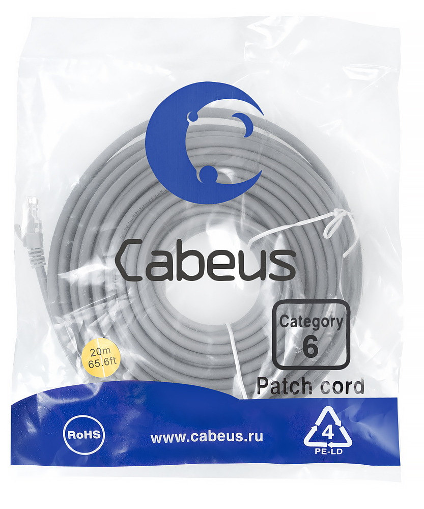 Патч-корд RJ45 UTP 6 Cabeus PC-UTP-RJ45-Cat.6-20m-LSZH LSZH серый 20 метров
