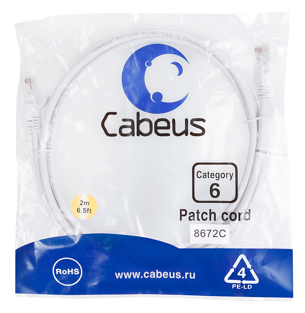 Патч-корд RJ45 UTP 6 Cabeus PC-UTP-RJ45-Cat.6-2m-WH PVC белый 2 метра