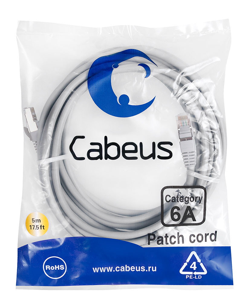 Патч-корд RJ45 S/FTP 6a Cabeus PC-SSTP-RJ45-Cat.6a-5m-LSZH LSZH серый 5 метров