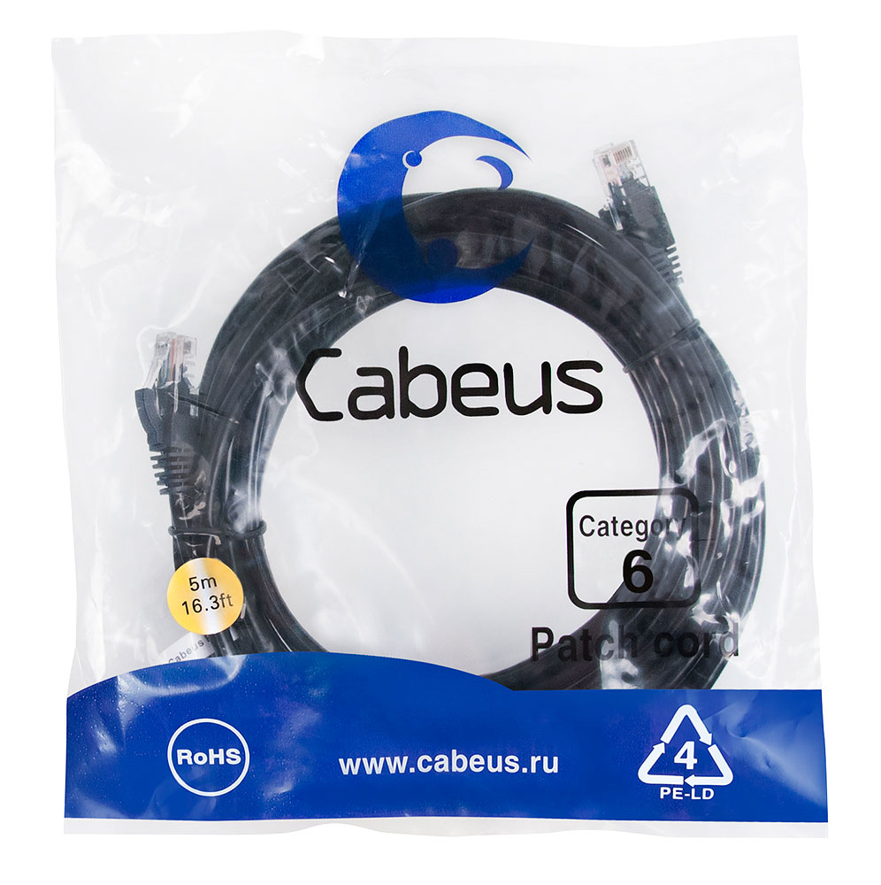 Патч-корд RJ45 UTP 6 Cabeus PC-UTP-RJ45-Cat.6-5m-BK PVC черный 5 метров