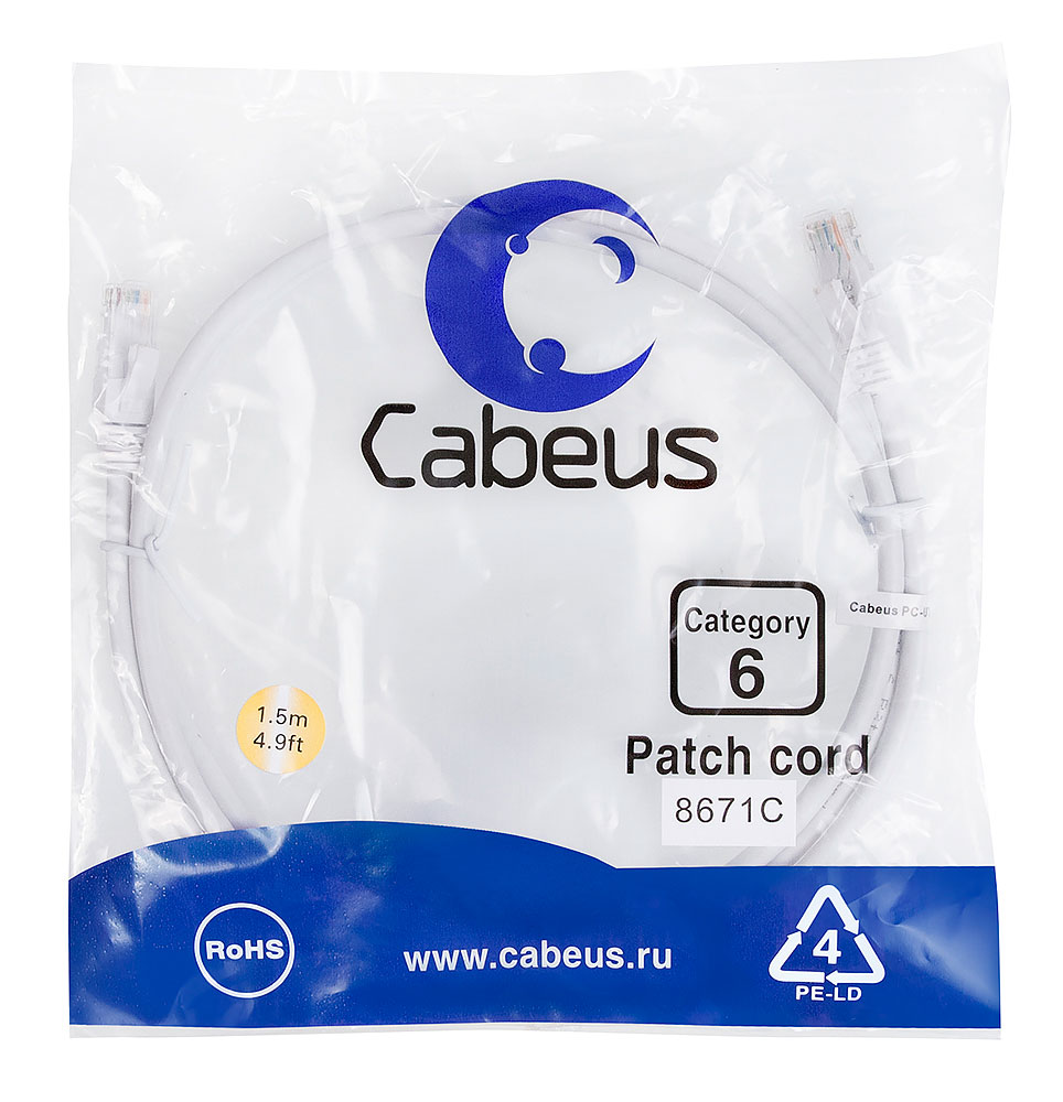 Патч-корд RJ45 UTP 6 Cabeus PC-UTP-RJ45-Cat.6-1.5m-WH PVC белый 1.5 метра