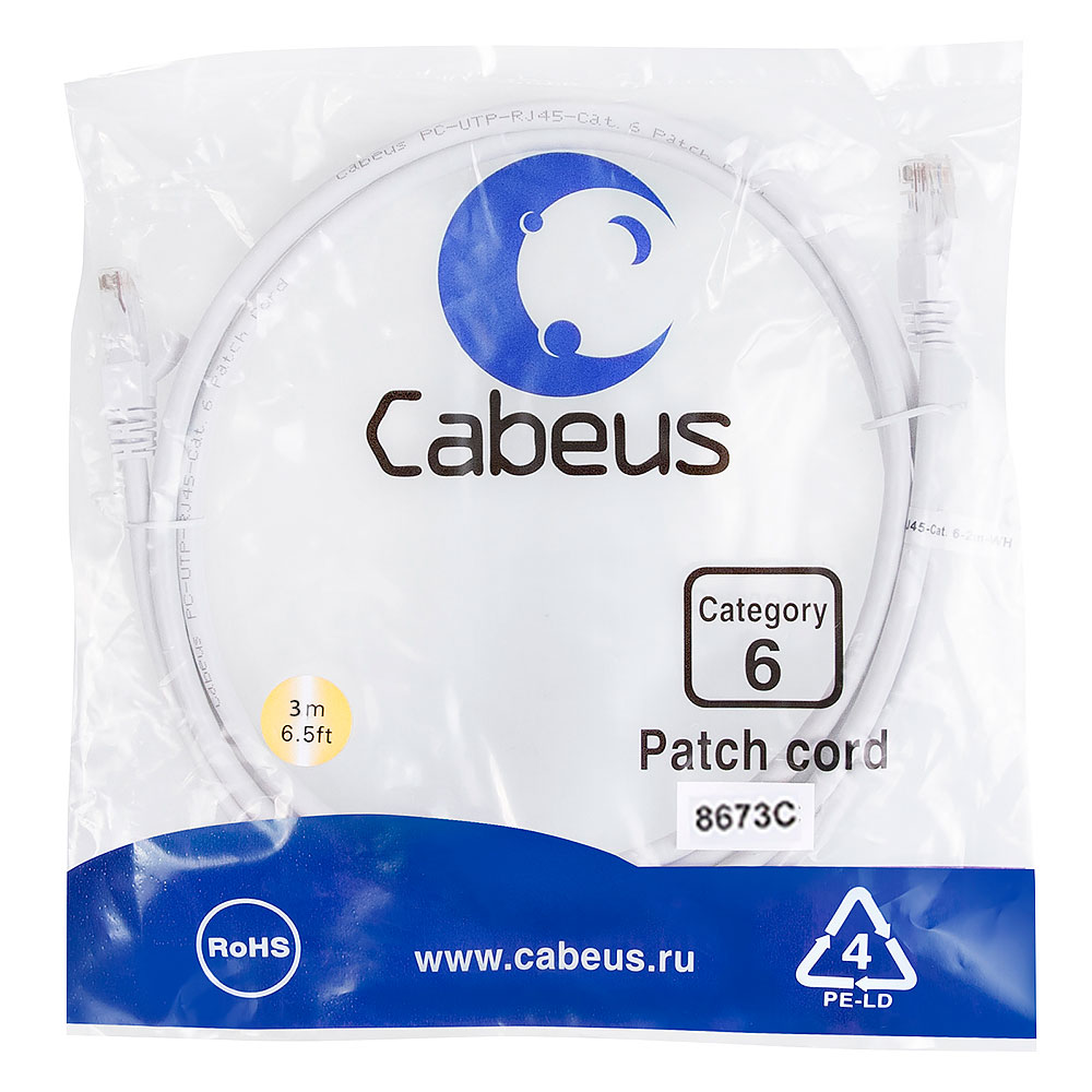 Патч-корд RJ45 UTP 6 Cabeus PC-UTP-RJ45-Cat.6-3m-WH PVC белый 3 метра