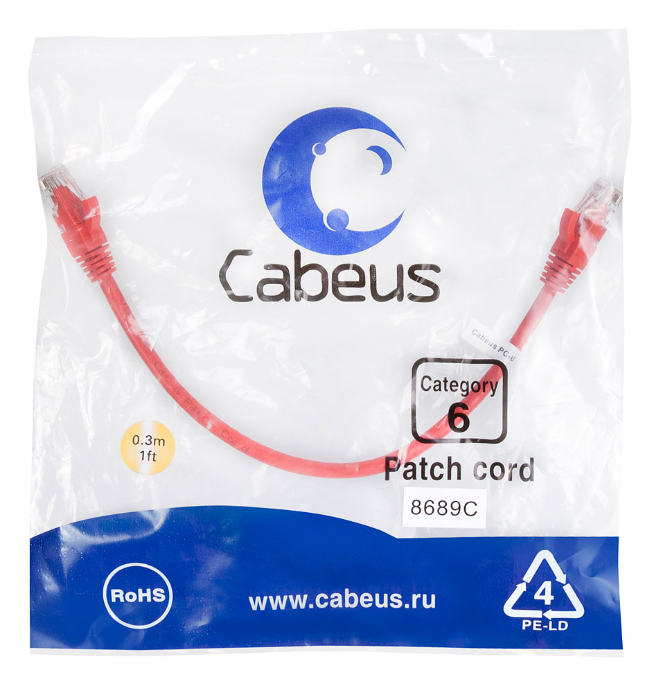 Патч-корд RJ45 UTP 6 Cabeus PC-UTP-RJ45-Cat.6-0.3m-RD PVC красный 0.3 метра