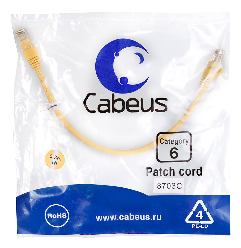 Патч-корд RJ45 UTP 6 Cabeus PC-UTP-RJ45-Cat.6-0.3m-YL PVC желтый 0.3 метра