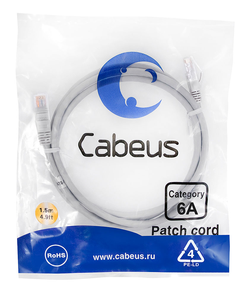 Патч-корд RJ45 UTP 6a Cabeus PC-UTP-RJ45-Cat.6a-1.5m-LSZH LSZH серый 1.5 метра