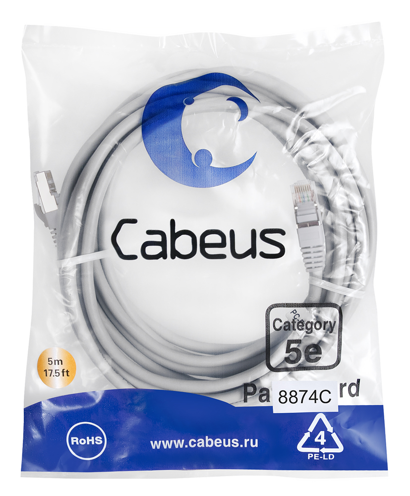 Патч-корд RJ45 F/UTP 5e Cabeus PC-FTP-RJ45-Cat.5e-5m-LSZH LSZH серый 5 метров