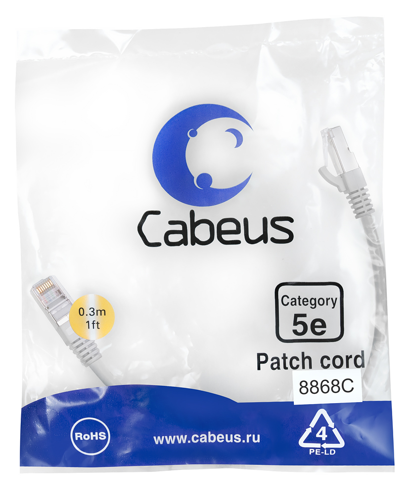 Патч-корд RJ45 F/UTP 5e Cabeus PC-FTP-RJ45-Cat.5e-0.3m-LSZH LSZH серый 0.3 метра
