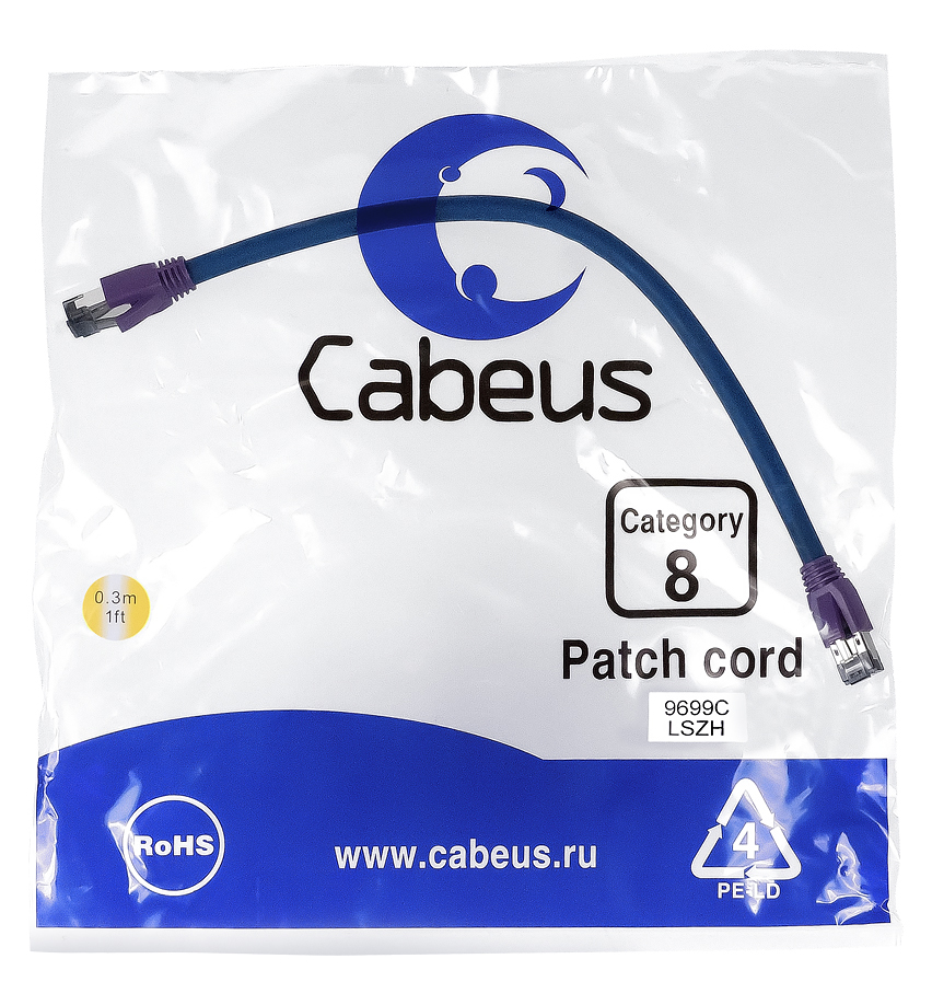 Патч-корд RJ45 S/FTP 8 Cabeus PC-SSTP-RJ45-Cat.8-0.3m-LSZH LSZH синий 0.3 метра