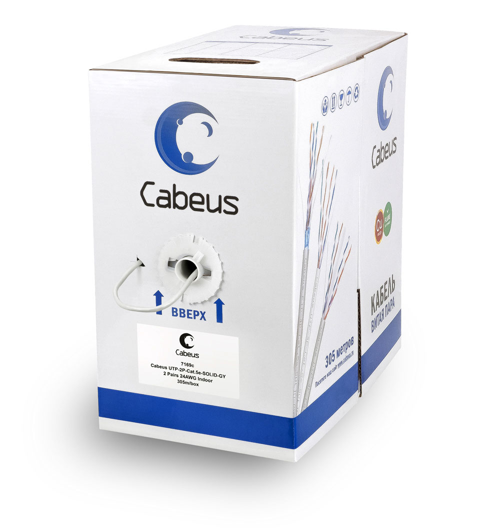 Cabeus UTP-2P-Cat.5e-SOLID-GY Кабель витая пара UTP (U/UTP), категория 5e, 2 пары (24 AWG) , одножильный, PVC нг(А)-LS, серый (305 м) 305м