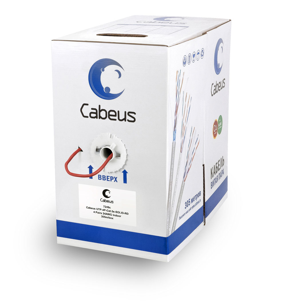 Cabeus UTP-4P-Cat.5e-SOLID-RD Кабель витая пара UTP (U/UTP), категория 5e, 4 пары (24 AWG), одножильный, PVC нг(А)-LS, красный (305 м) 305м