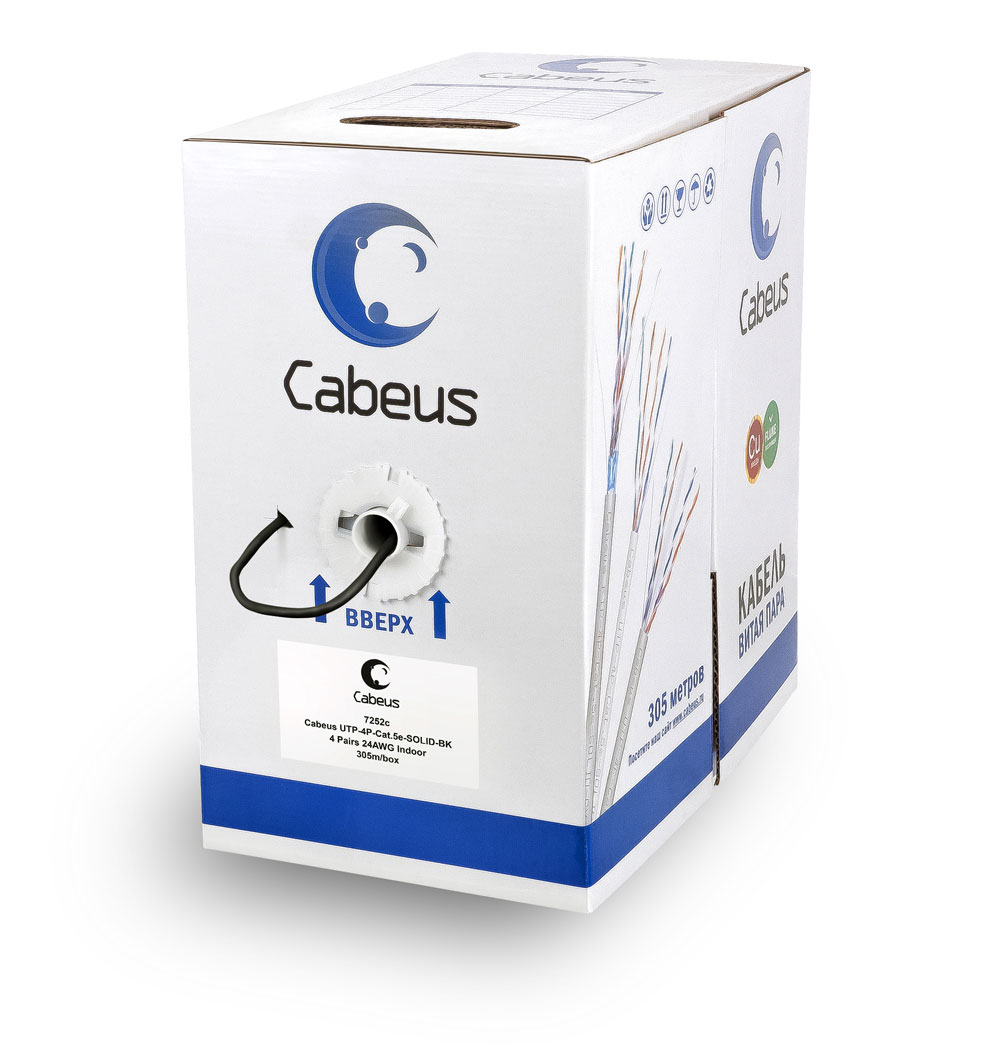 Cabeus UTP-4P-Cat.5e-SOLID-BK Кабель витая пара UTP (U/UTP), категория 5e, 4 пары (24 AWG), одножильный, PVC нг(А)-LS, черный (305 м) 305м