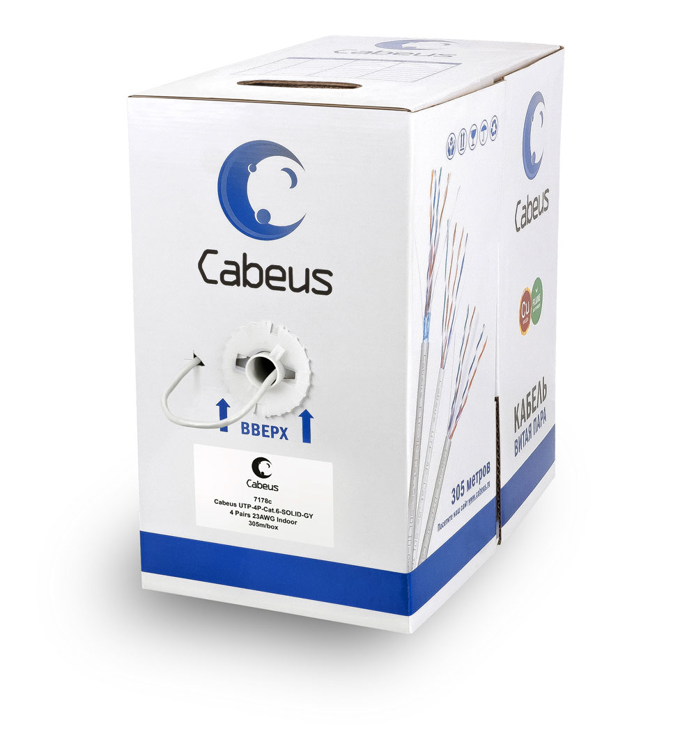 Cabeus UTP-4P-Cat.6-SOLID-GY Кабель витая пара UTP (U/UTP), категория 6, 4 пары (23 AWG), одножильный, PVC нг(А)-LS, серый (305 м) 305м — фото