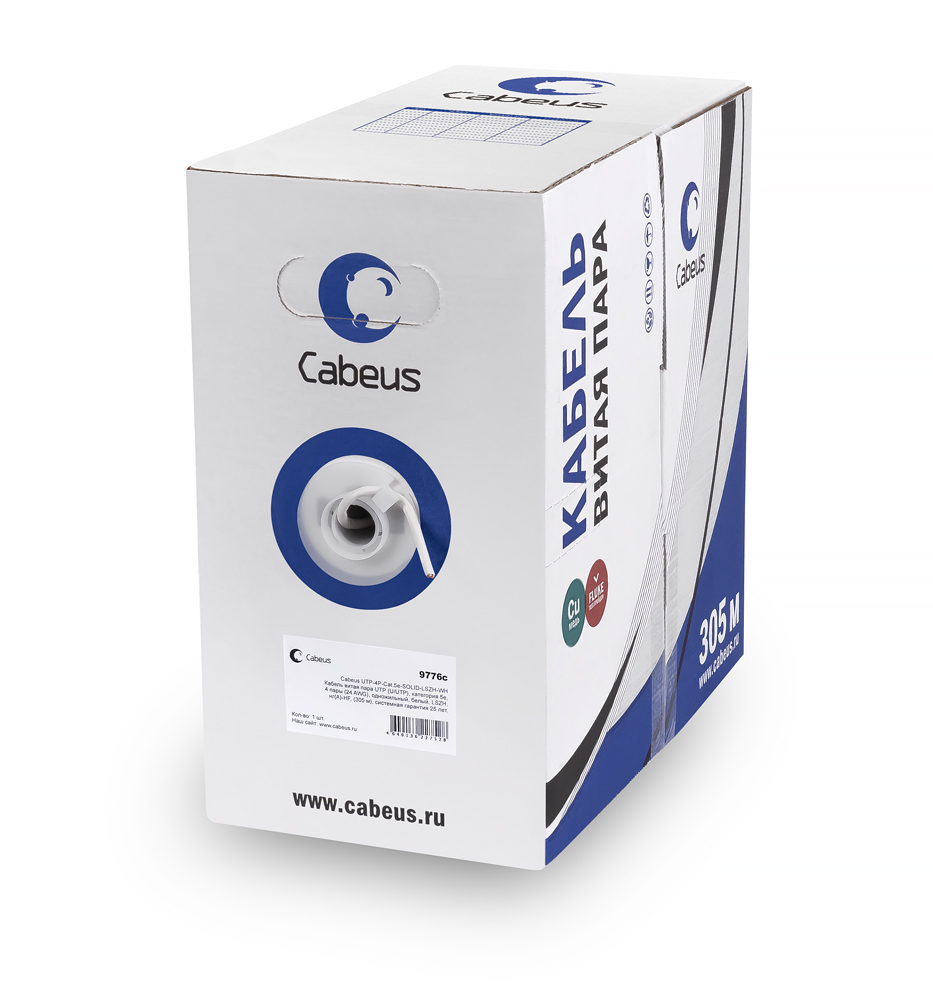 Cabeus UTP-4P-Cat.5e-SOLID-LSZH-GY Кабель витая пара UTP (U/UTP), категория 5e, 4 пары (24 AWG), одножильный, серый, LSZH, нг(А)-HF, (305 м) 305м