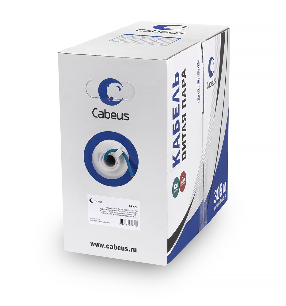 Cabeus UTP-4P-Cat.5e-SOLID-LSZH-BL Кабель витая пара UTP (U/UTP), категория 5e, 4 пары (24 AWG), одножильный, синий, LSZH, нг(А)-HF, (305 м) 305м — фото