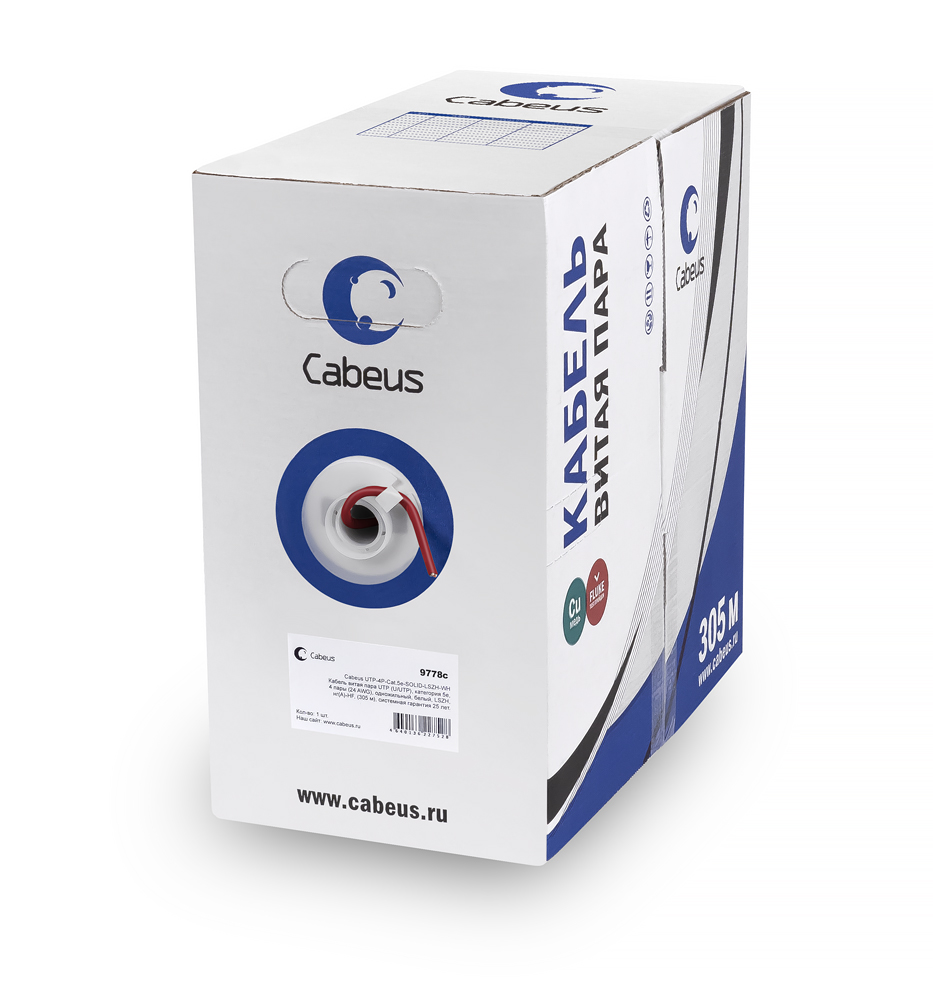 Cabeus UTP-4P-Cat.5e-SOLID-LSZH-RD Кабель витая пара UTP (U/UTP), категория 5e, 4 пары (24 AWG), одножильный, красный, LSZH, нг(А)-HF, (305 м) 305м — фото