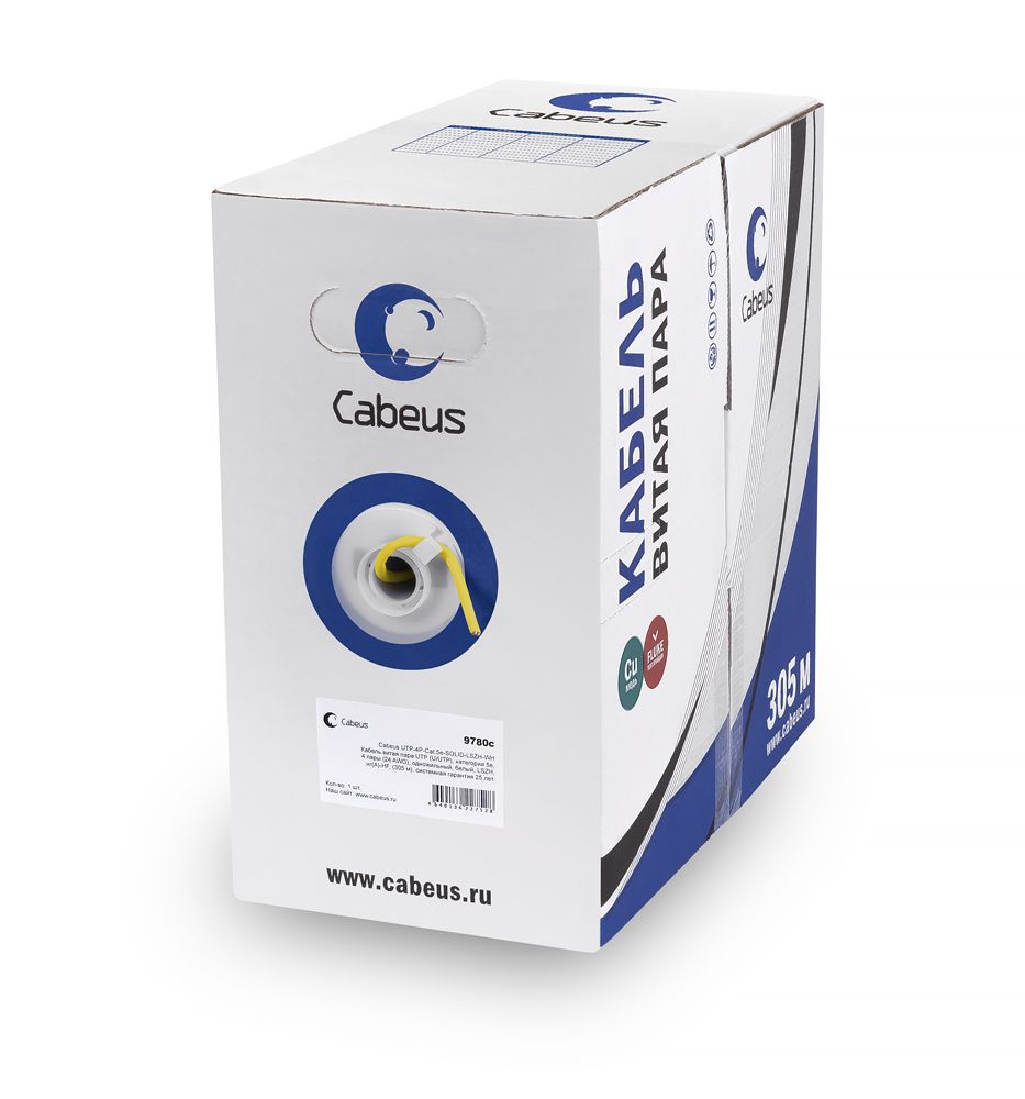 Cabeus UTP-4P-Cat.5e-SOLID-LSZH-YL Кабель витая пара UTP (U/UTP), категория 5e, 4 пары (24 AWG), одножильный, желтый, LSZH, нг(А)-HF, (305 м) 305м