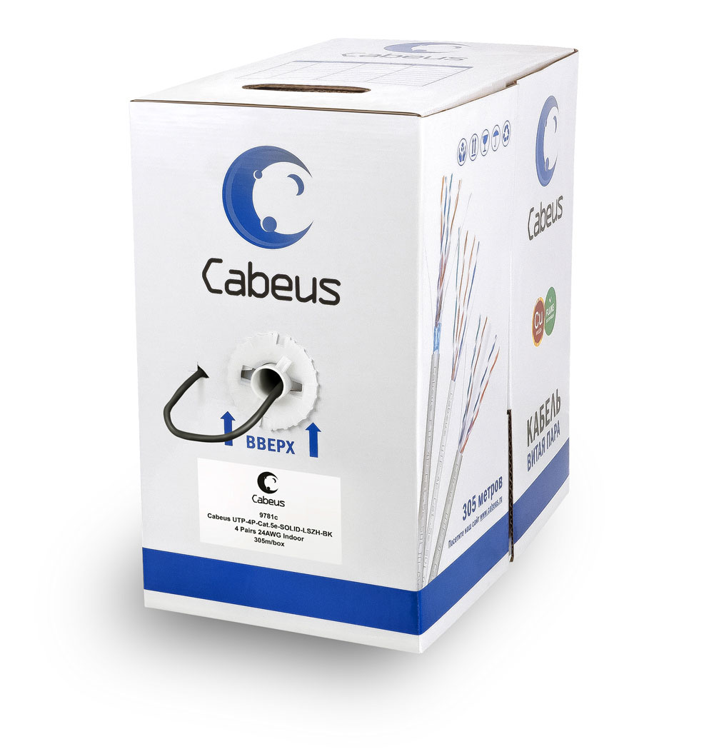 Cabeus UTP-4P-Cat.5e-SOLID-LSZH-BK Кабель витая пара UTP (U/UTP), категория 5e, 4 пары (24 AWG), одножильный, черный, LSZH, нг(А)-HF, (305 м) 305м — фото