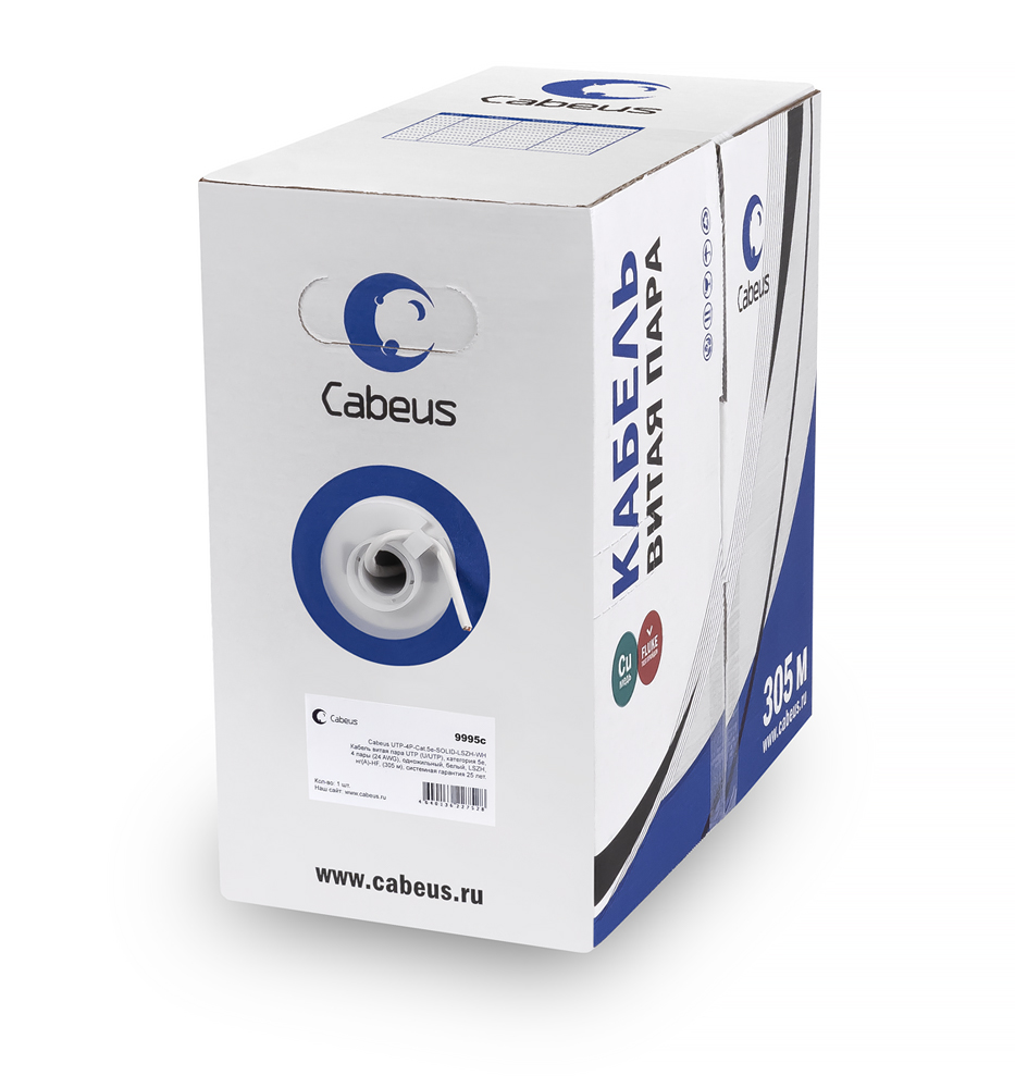 Cabeus UTP-4P-Cat.5e-SOLID-GY-LIGHT Кабель витая пара UTP (U/UTP), категория 5e, 4 пары 0,48мм (24 AWG), одножильный, PVC нг(А)-LS, серый (305 м) 305м — фото