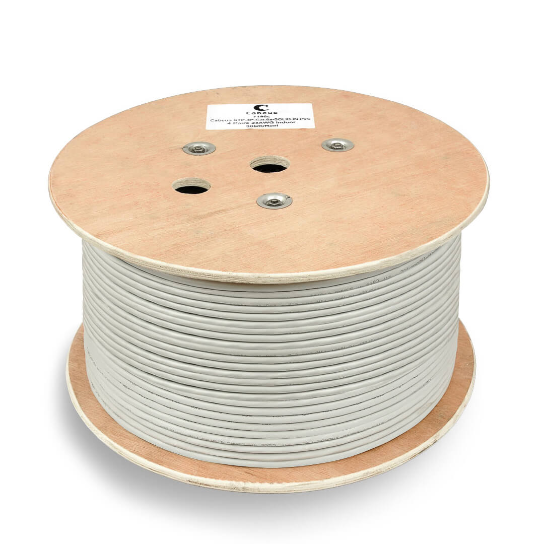 Cabeus UTP-4P-Cat.6a-SOLID-PVC-GY Кабель витая пара UTP (U/UTP), категория 6A, 4 пары (23 AWG), одножильный, PVC нг(А)-LS, серый (305 м) 305м